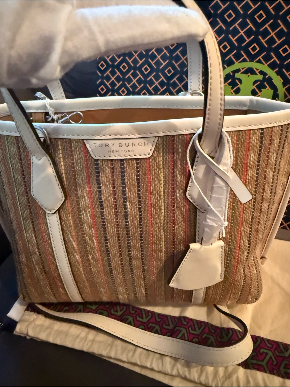 NWT Tory Burch Small Perry Striped Raffia Tote - Picture 10 of 14